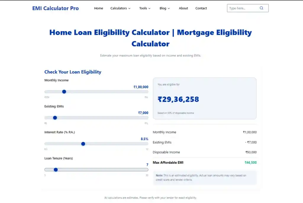 home loan eligibility calculator interface