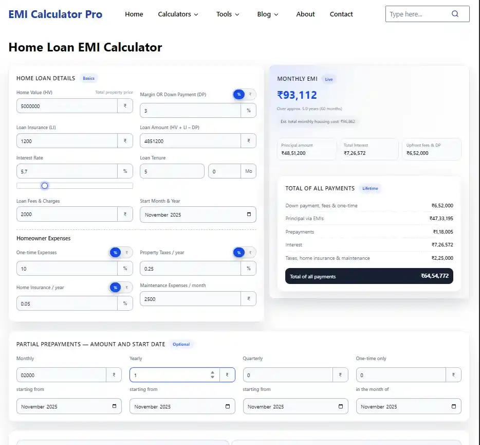 home loan emi calculator interface