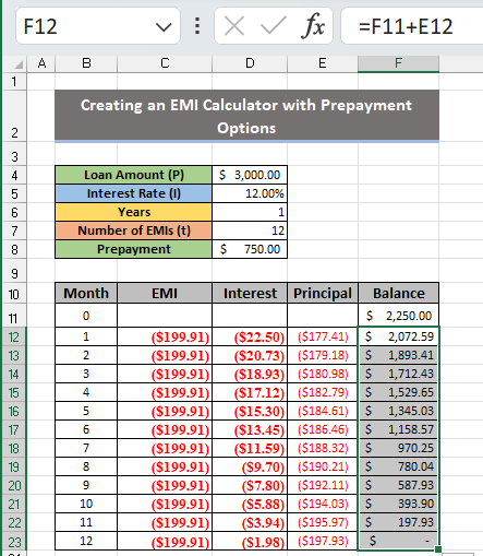 calculate pre emi in excel