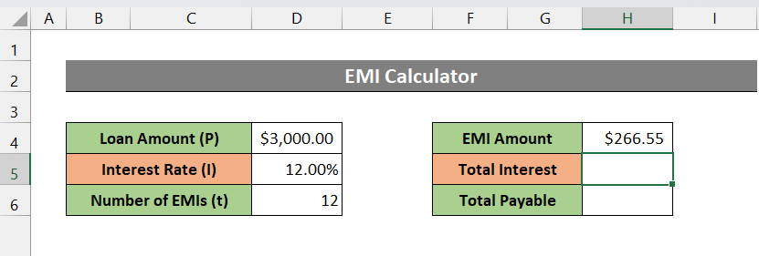 formula to calculate emi =-PMT(D5/12,D6,D4,0,0)
