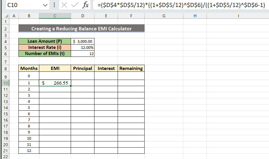 EMI column for the first month,