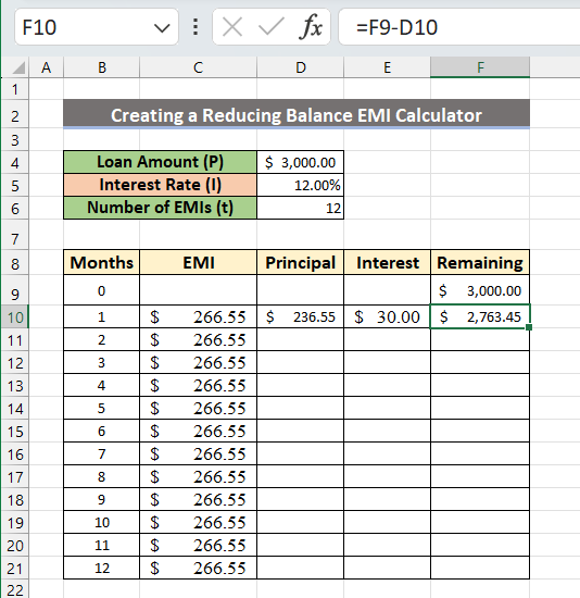 calculate the remaining principal value