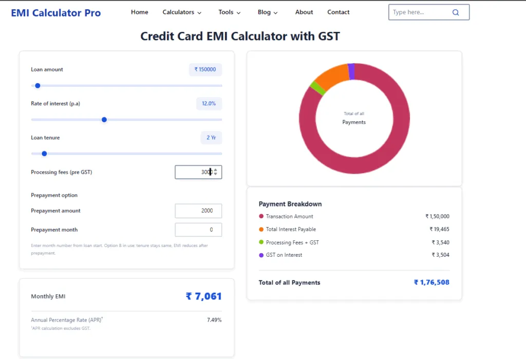 credit card emi calculator with GST